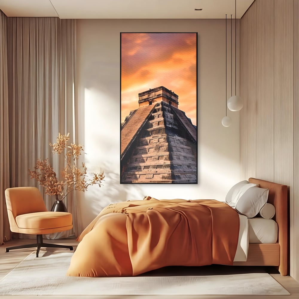 Tablou canvas cu tablou canvas cu piramida mayasa, in rama de aluminiu negru, pe perete intr-un dormitor